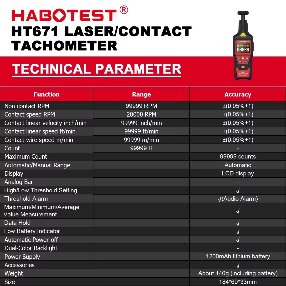 Tacômetro Digital 2 em 1 HABOT - Industrial Laser Tachometer avaliação e preço